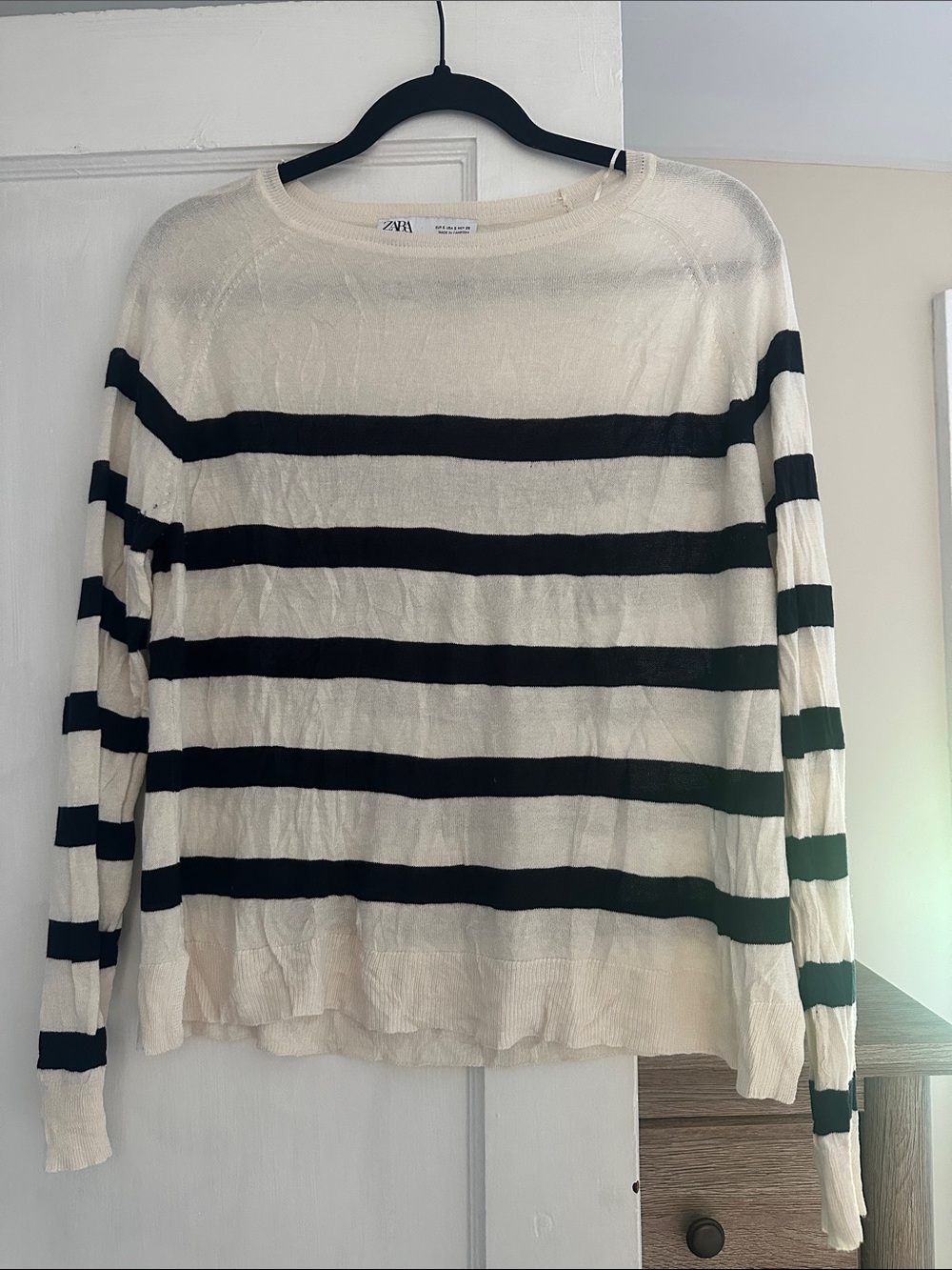 Zara Cream and Black Striped Crewneck Sweater